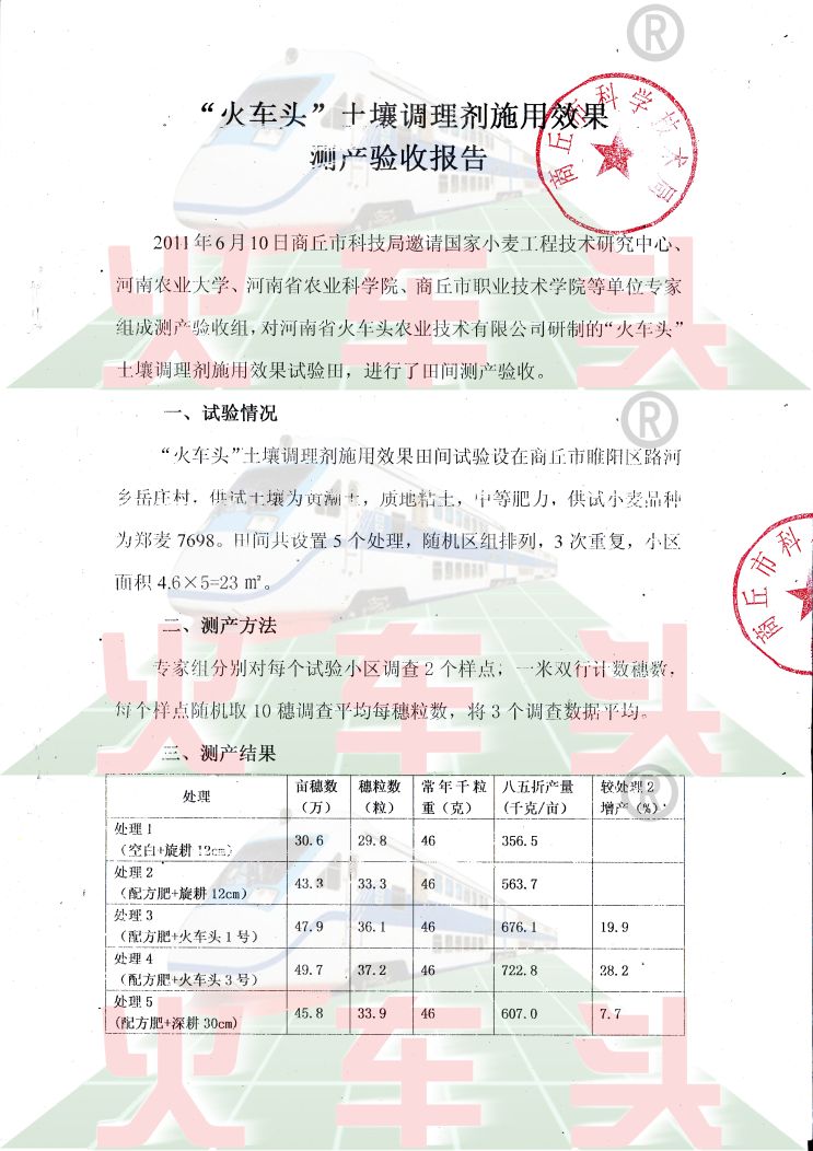 火車頭土壤調(diào)理劑施用效果測(cè)產(chǎn)驗(yàn)收?qǐng)?bào)告